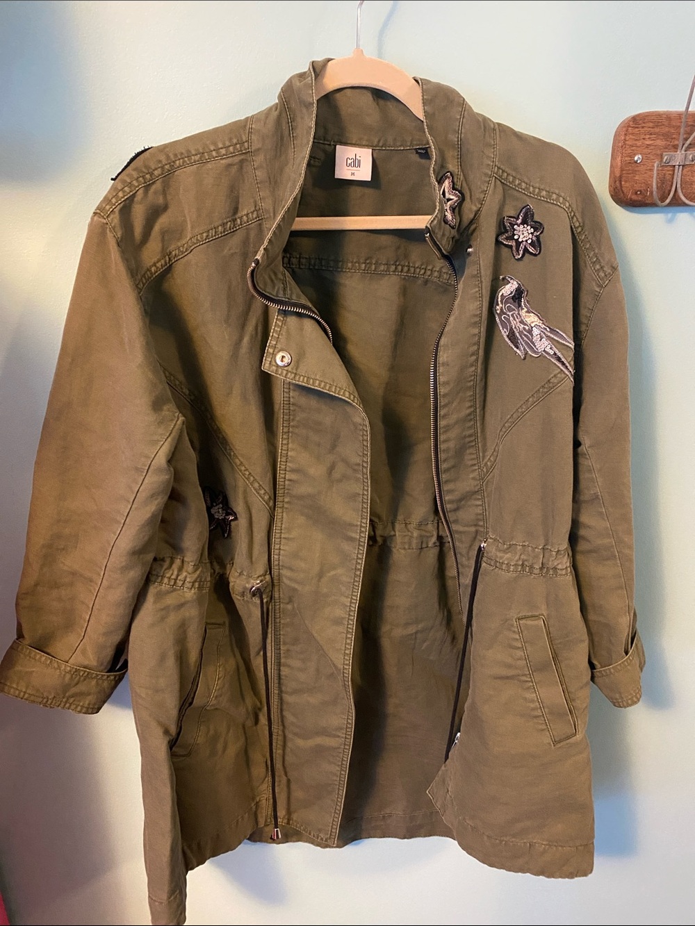 CAbi Olive Utility Jacket with Embroidered Bird Patches size medium
